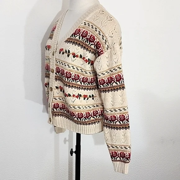 American Vintage Cardigan Cotton Blend Grannycore Floral by BUGC Cream Size L - Picture 12 of 14